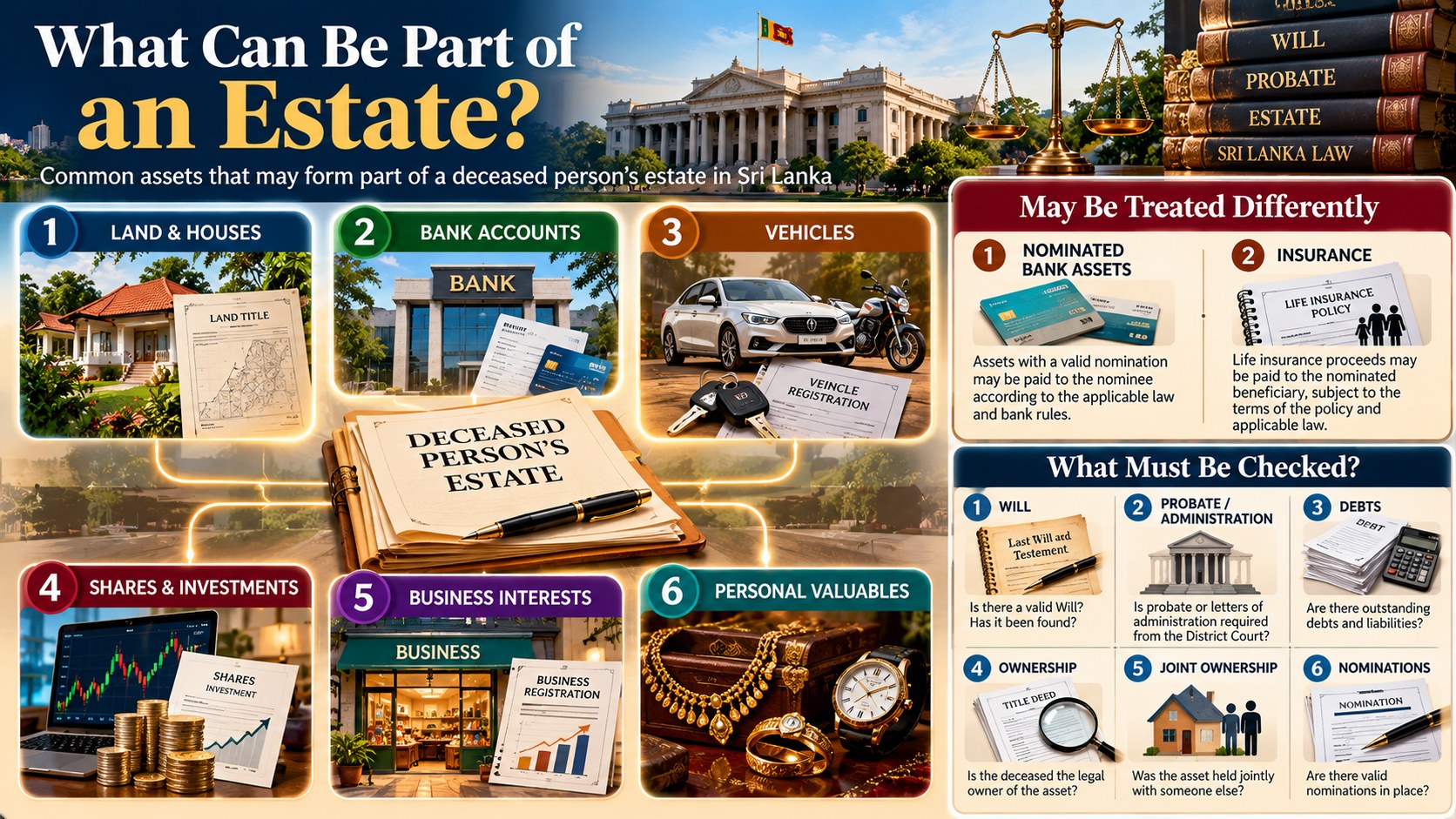 Estate assets in Sri Lanka: land, bank accounts, vehicles, shares, business interests and valuables