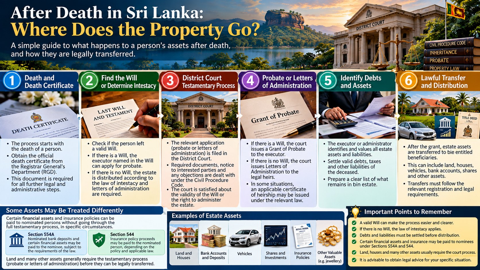 Sri Lanka inheritance process from death certificate and Will to probate and lawful transfer