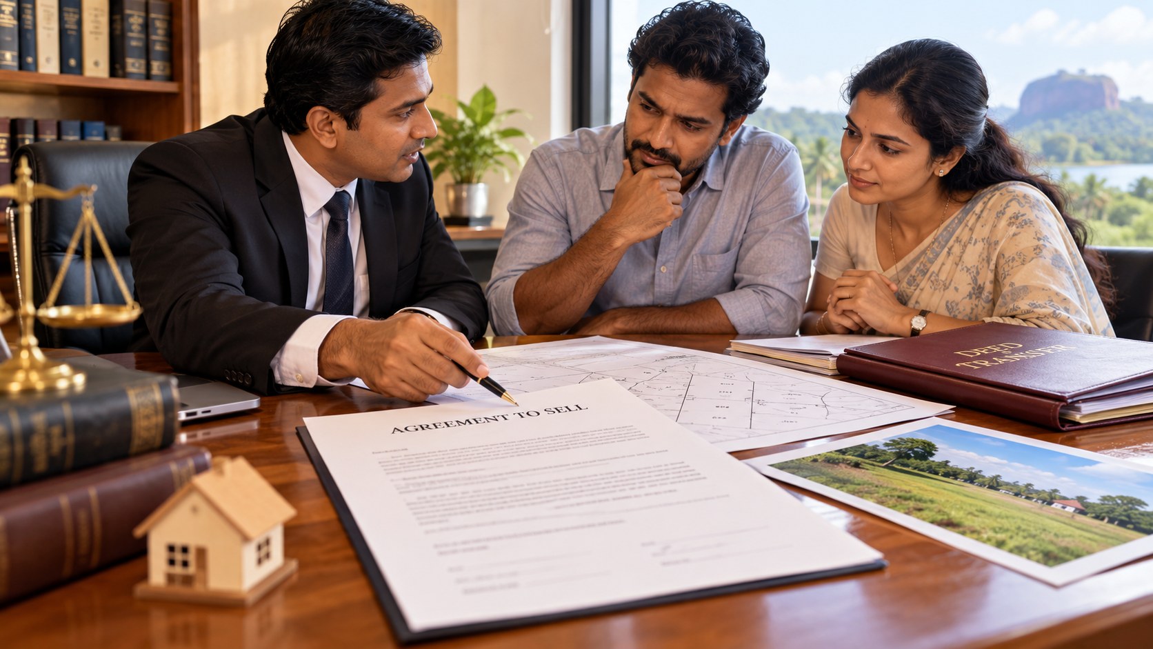 Sri Lankan lawyer reviewing an agreement to sell land with a buyer and seller
