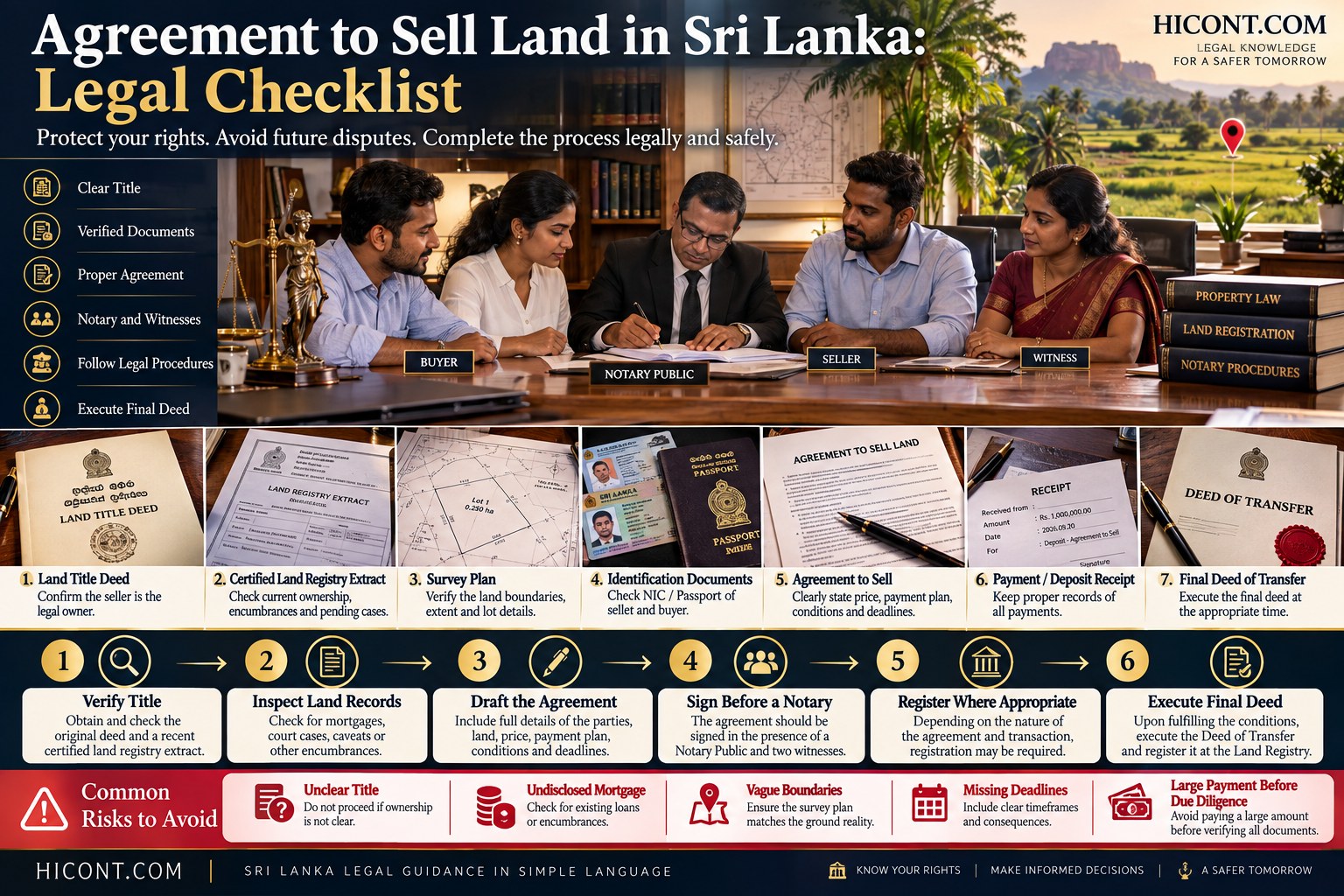 Legal checklist for buying land in Sri Lanka showing title, land records, survey plan, agreement, payment and final deed