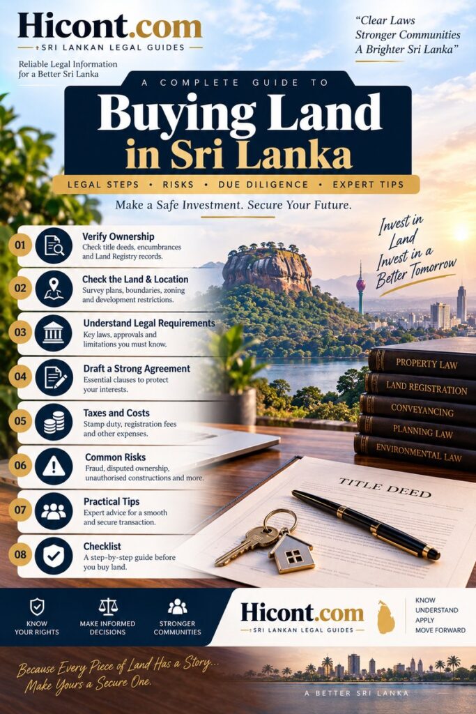 Buying land in Sri Lanka legal checklist showing title deed, Land Registry, property law books and legal due diligence