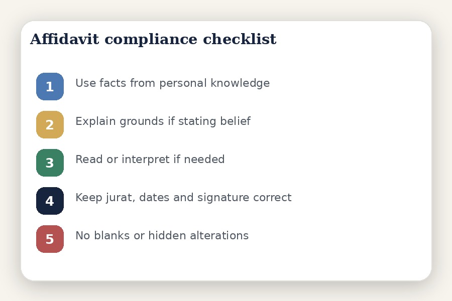 Affidavit compliance checklist covering facts, signature, jurat, corrections and annexures