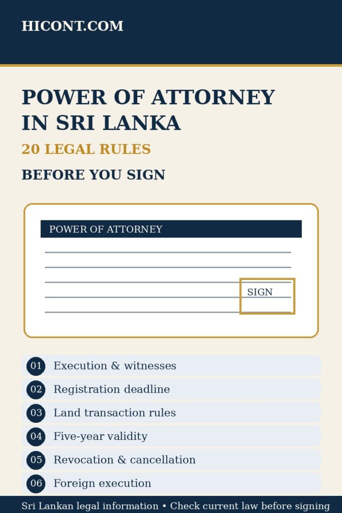 Power of Attorney in Sri Lanka legal guide showing a notarial document, signature, legal checklist and Registrar General registration.